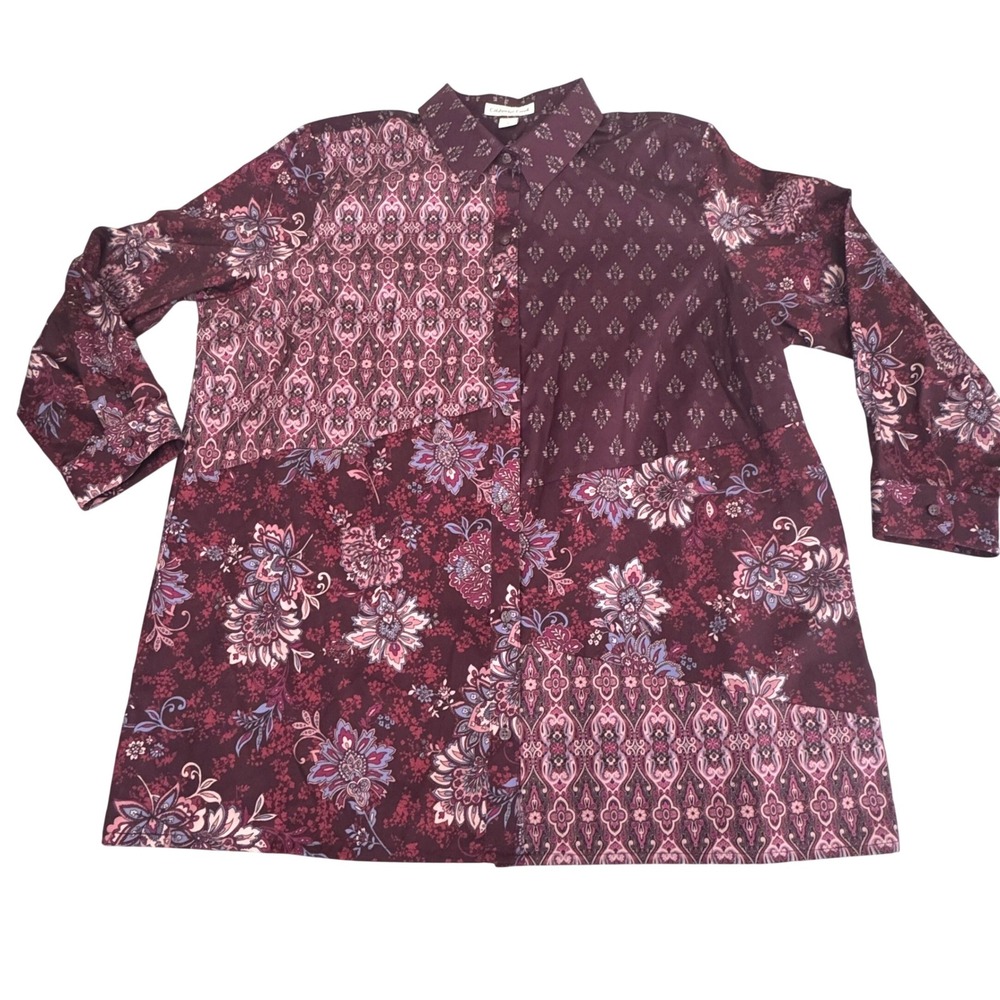 Coldwater Creek Button Down 1X Cotton Mixed Print Patchwork Floral Burgundy Plum